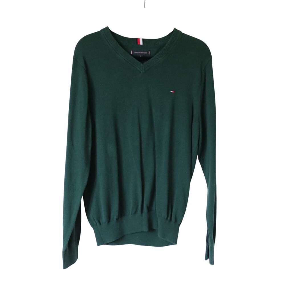 Men's Tommy Hilfiger Green V Neck 100% Cotton Sweater Medium